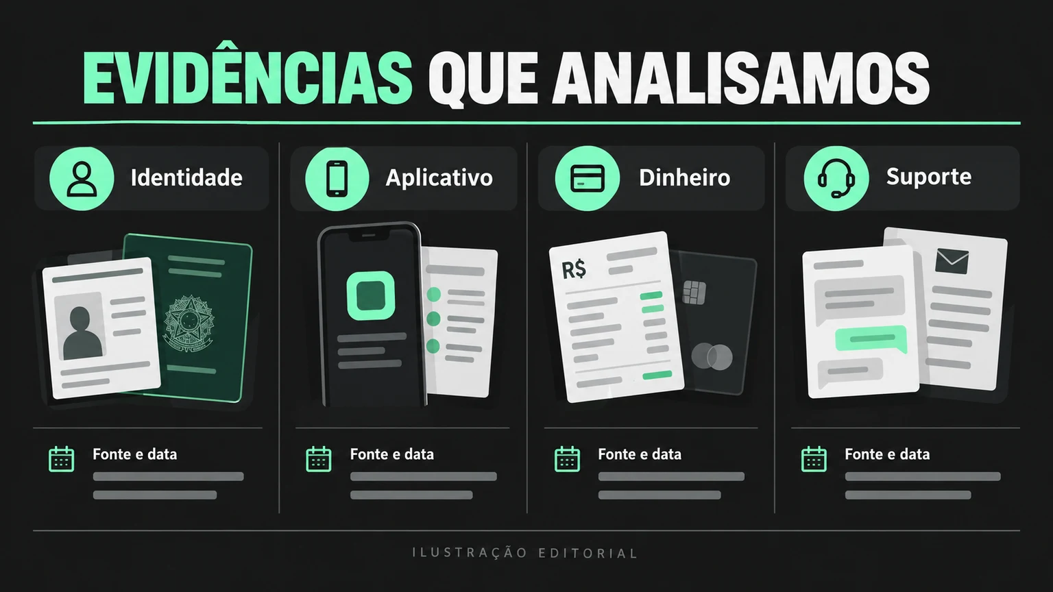 Matriz editorial de evidências sobre identidade, app, dinheiro e suporte.