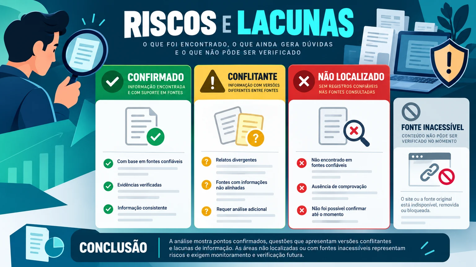 Quadro de riscos que separa evidência observada, conflito e lacuna.