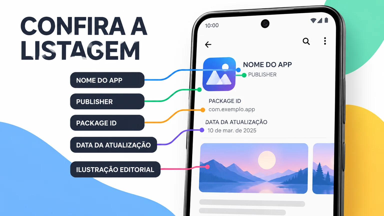 Listagem móvel ilustrativa com package, desenvolvedor da listagem e data em destaque.
