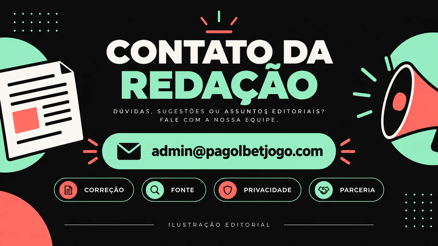 Página editorial ilustrativa com email e categorias de contato.