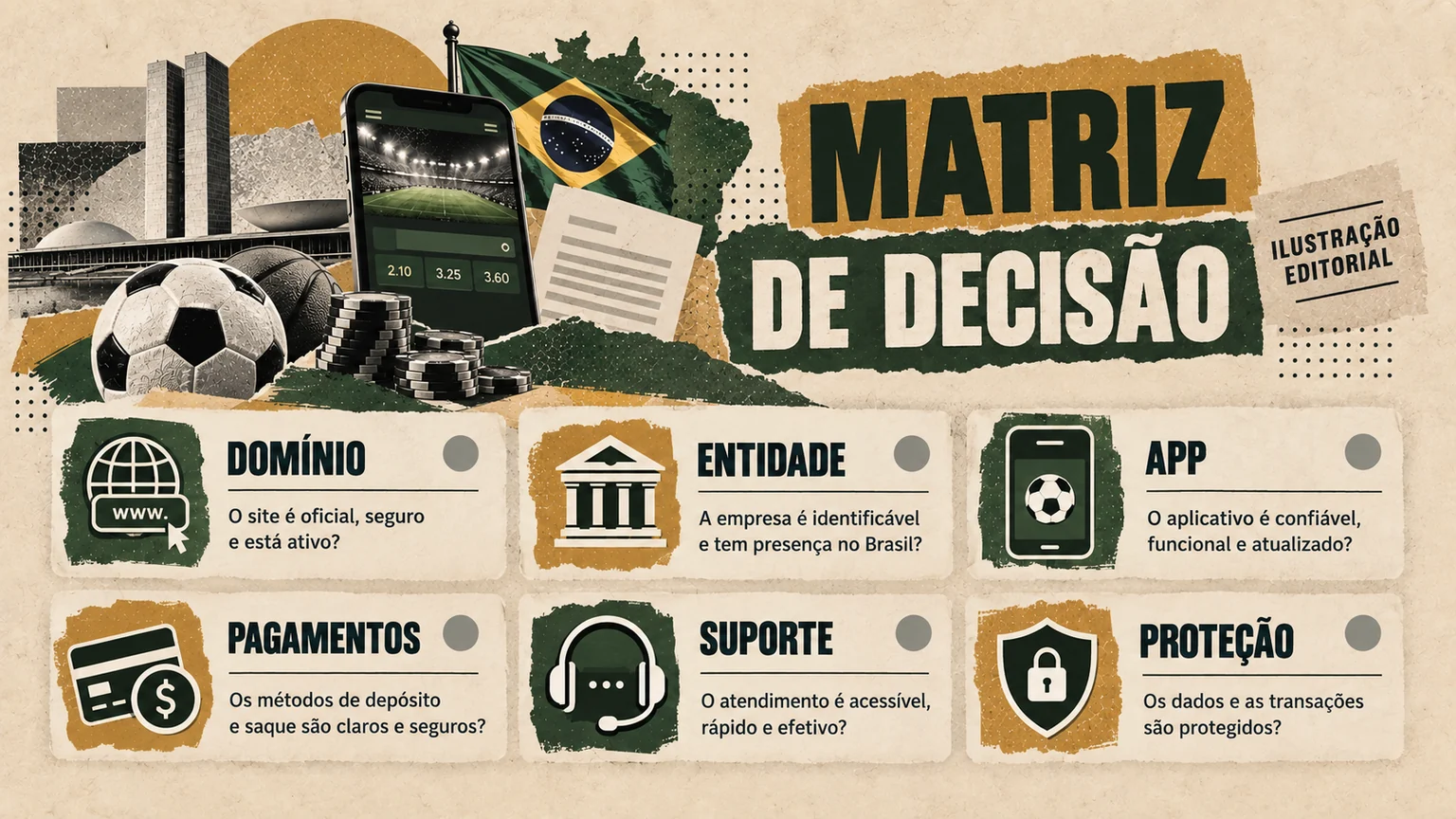 Checklist de domínio, entidade, aplicativo, pagamentos, suporte e proteção.