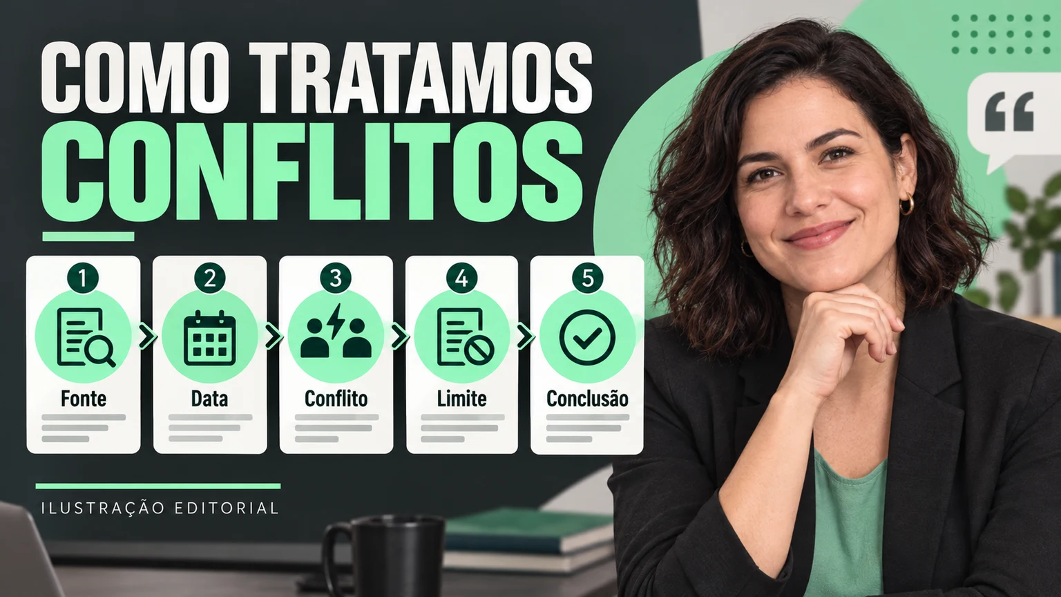 Fluxo editorial de fonte, data, conflito, limite e conclusão.