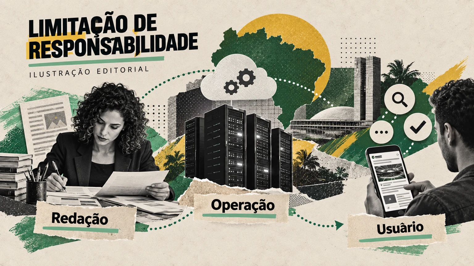 Diagrama editorial que separa conteúdo, operação e decisão do usuário.